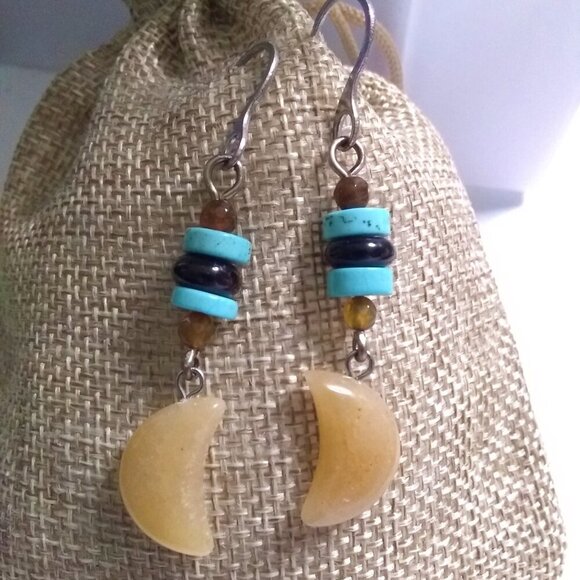 Southwestern & Boho Vibes! Long Moon Danglers! Aventurine Howlite + Agate Beads - Picture 2 of 12